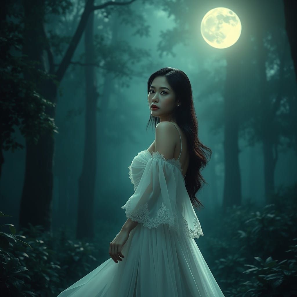 Woman in Radiant, Moonlit Gown, Misty Forest