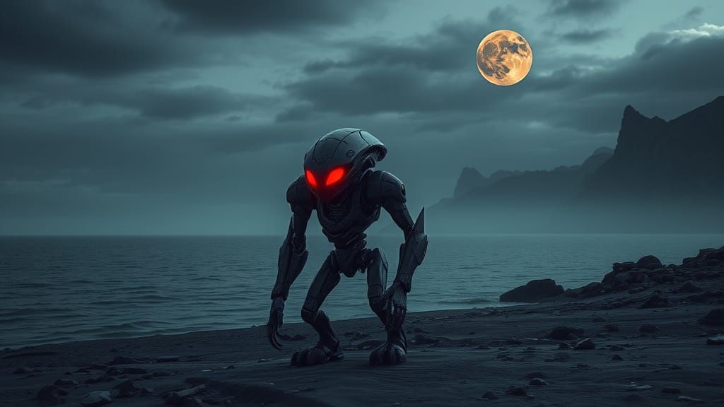 Fiery-Eyed Robot on Gray Alien Seashore