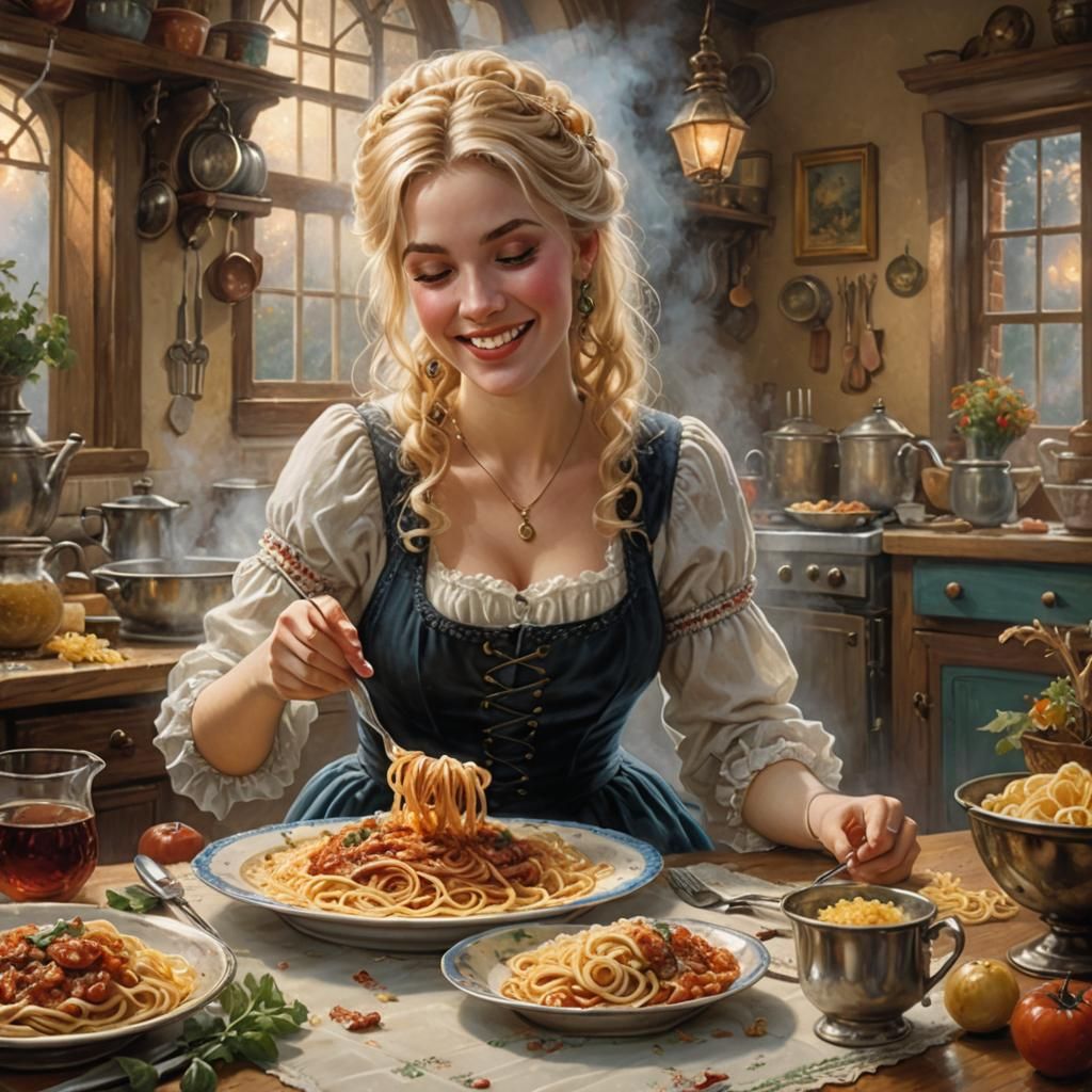 Smiling Blonde in Victorian Kitchen: Ethereal Fantasy Art
