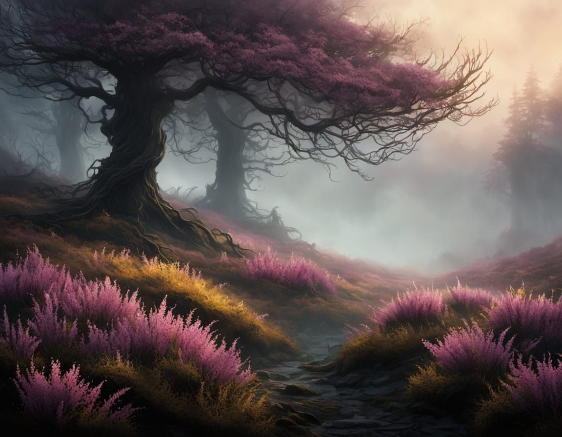 Blooming Heather in Morning Mist: a Dark Fantasy Illustratio...