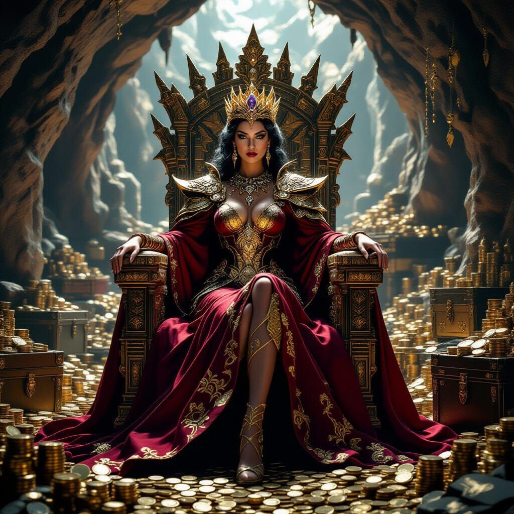 Dragon Queen on Treasure Throne in Dark Fantasy Style