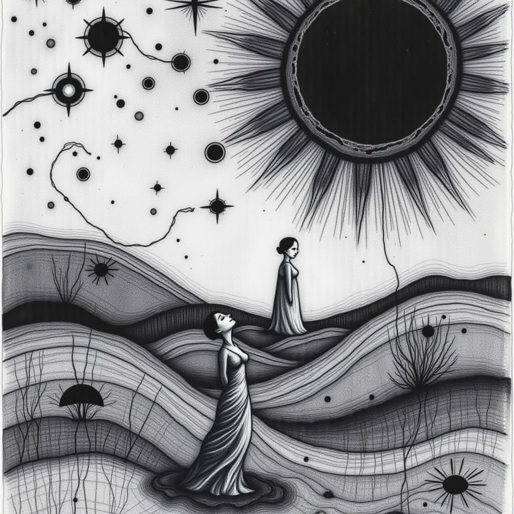 Mystical Dreamscape: Woman in Black and White Etching