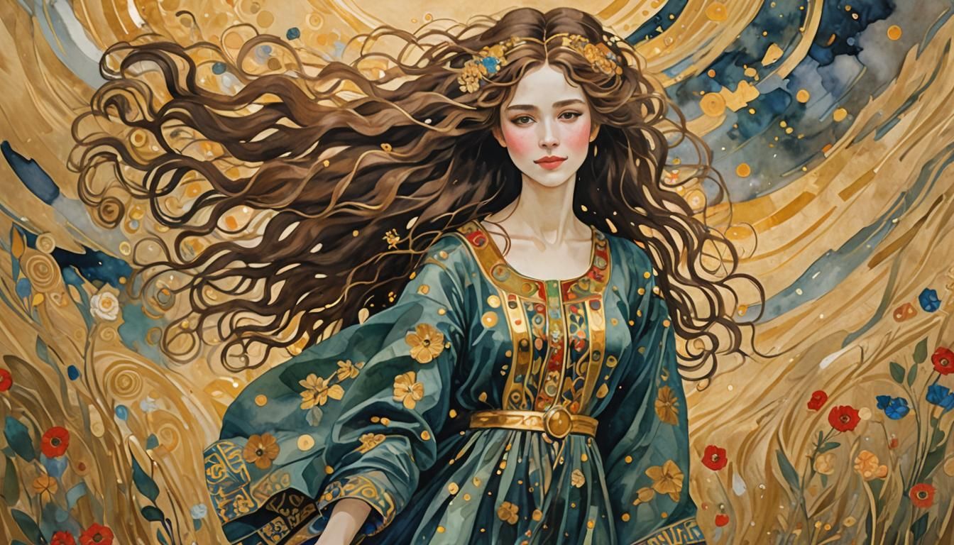 Girl with Flowing Hair in Gilded Klimt Style
