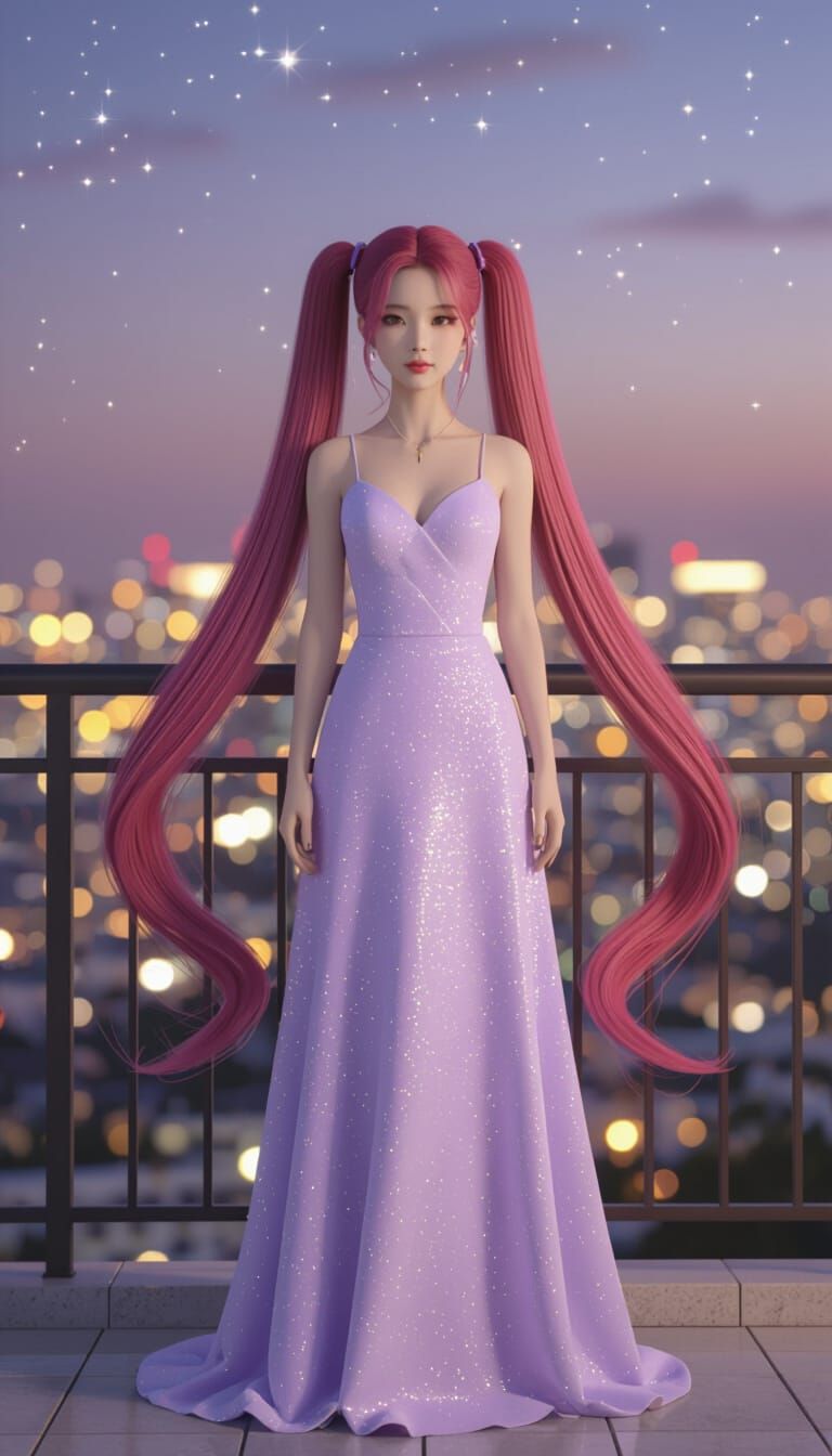 K-Pop Idol Mira in Lavender Gown, Realistic 3D Render