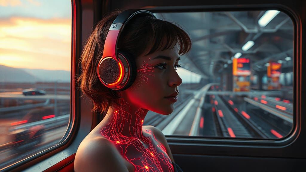 Futuristic Woman on Speeding Train, Abstract Sci-Fi Landscap...