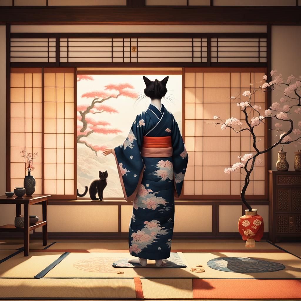 Majestic Nekomata in Traditional Japanese Attire