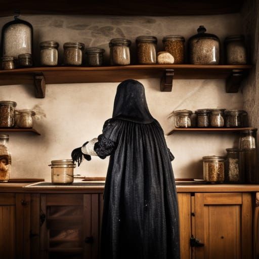 Medieval Witch Cooking in Kitchen with Cobwebs