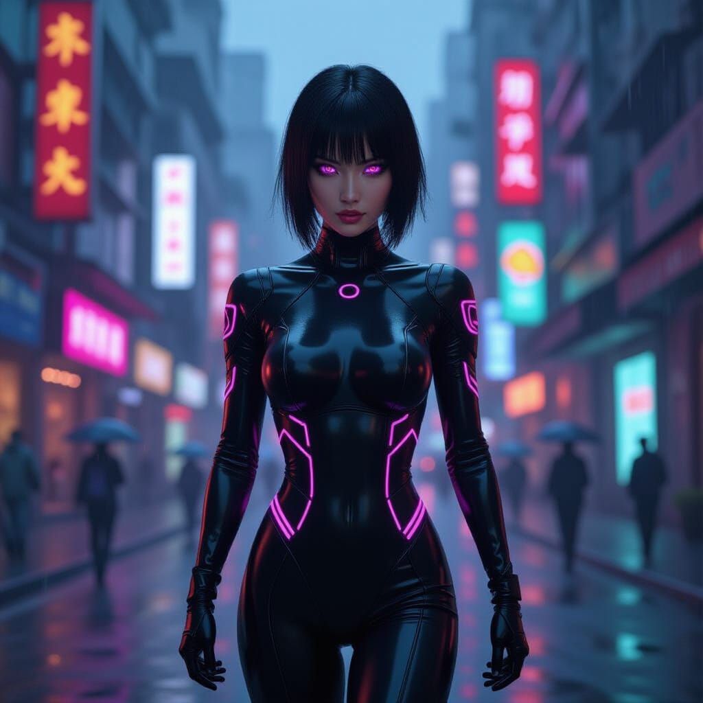 Cyberpunk Strides: Thai Woman in Neon Cityscape
