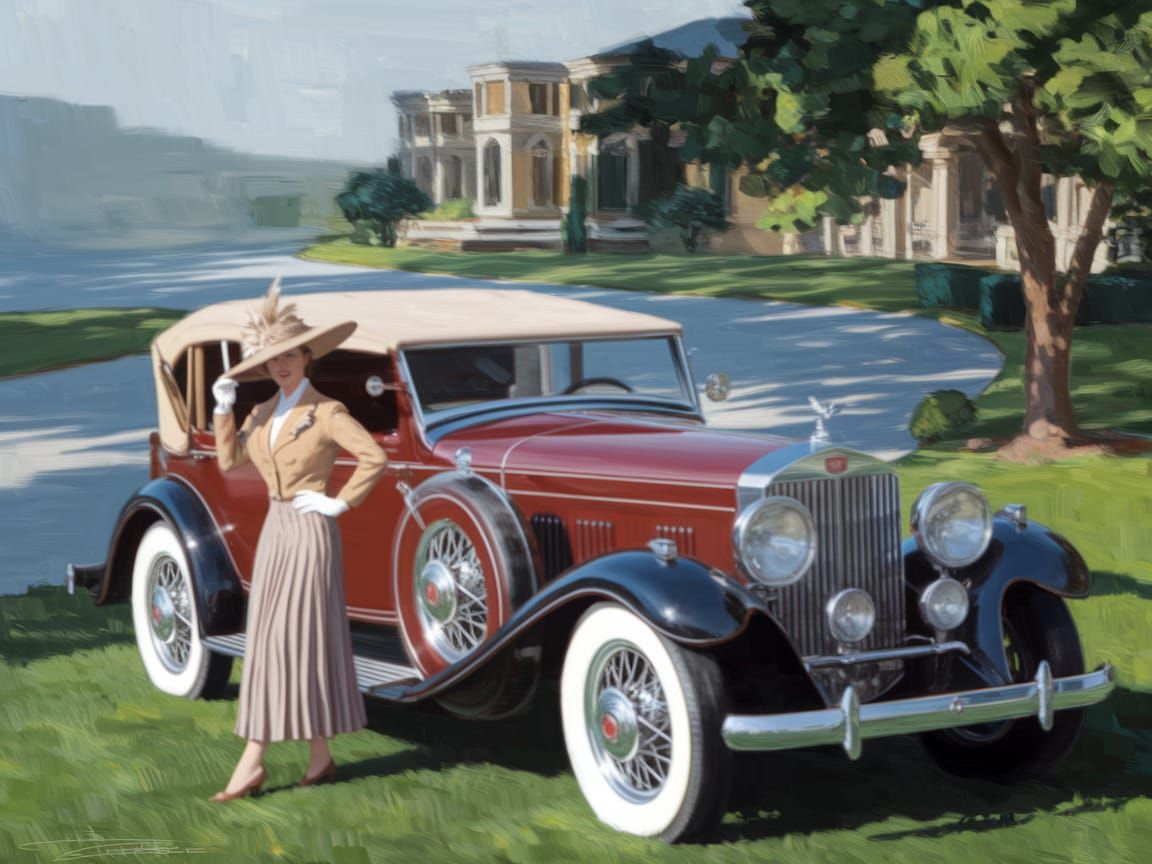 Elegant 1930s Woman Beside Cadillac in Sunlight