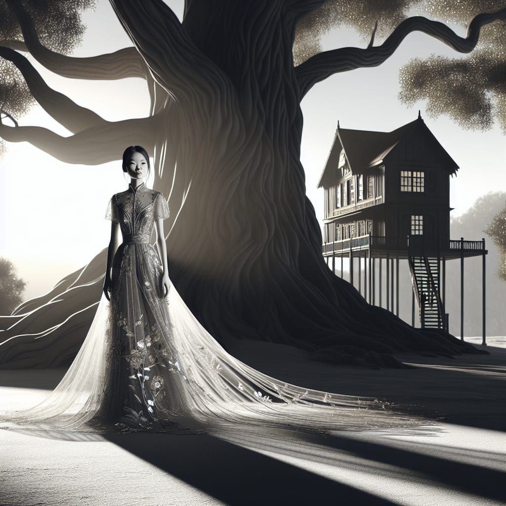 Elegant Asian Woman in Translucent Dress at Sunset