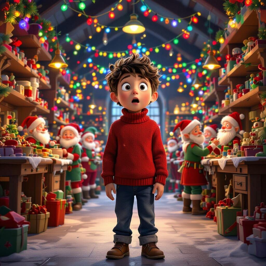 Boy in Santa's Workshop, Filled with Toys