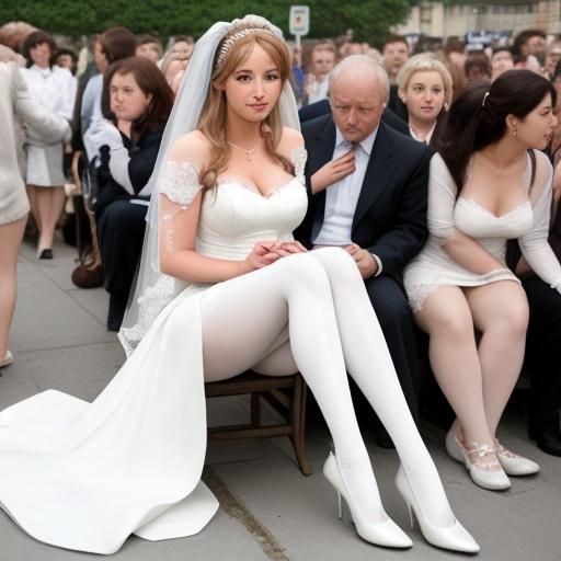Bride in White Pantyhose Sitting in a Crowd