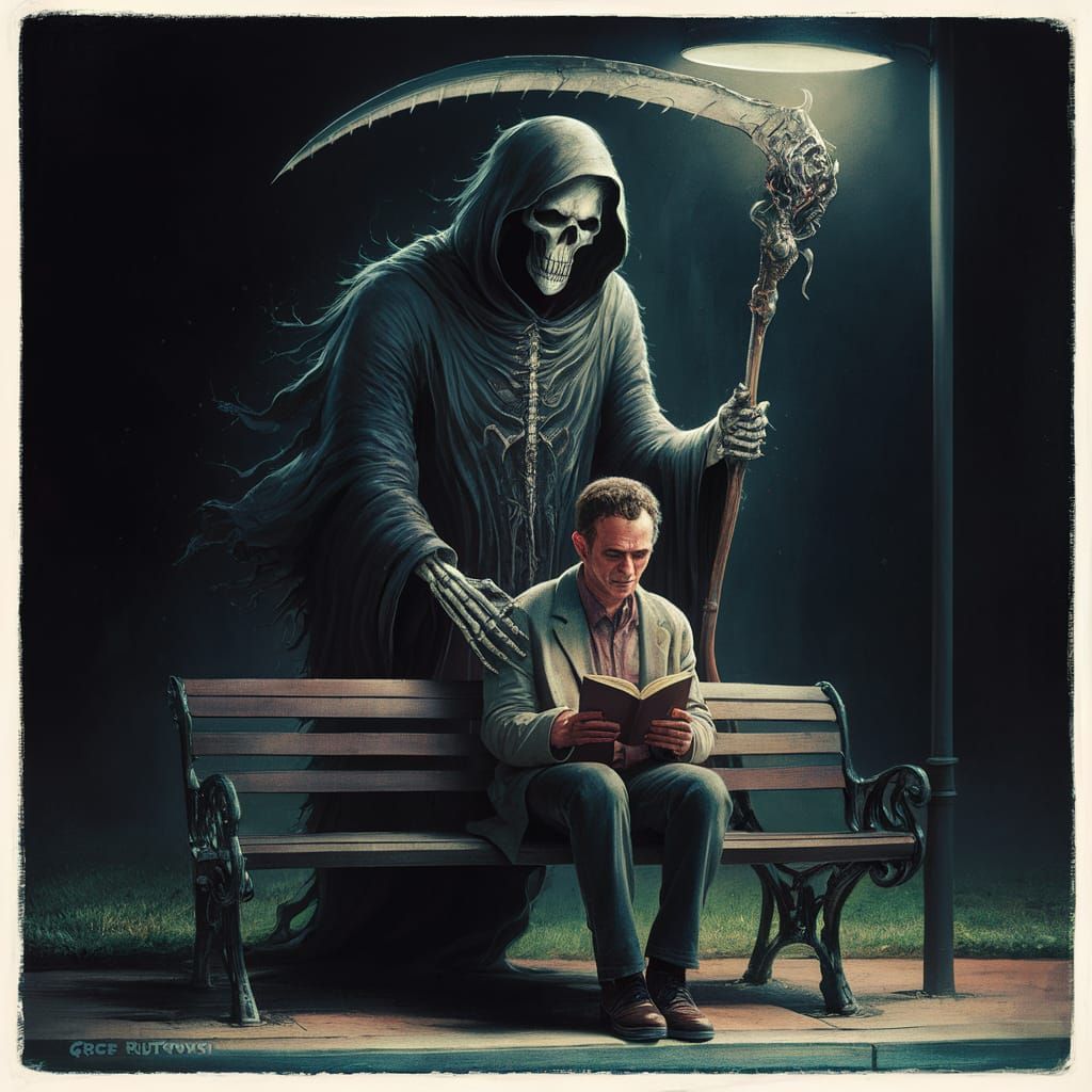 Grim reaper standing behind a man on a bench with his scythe...