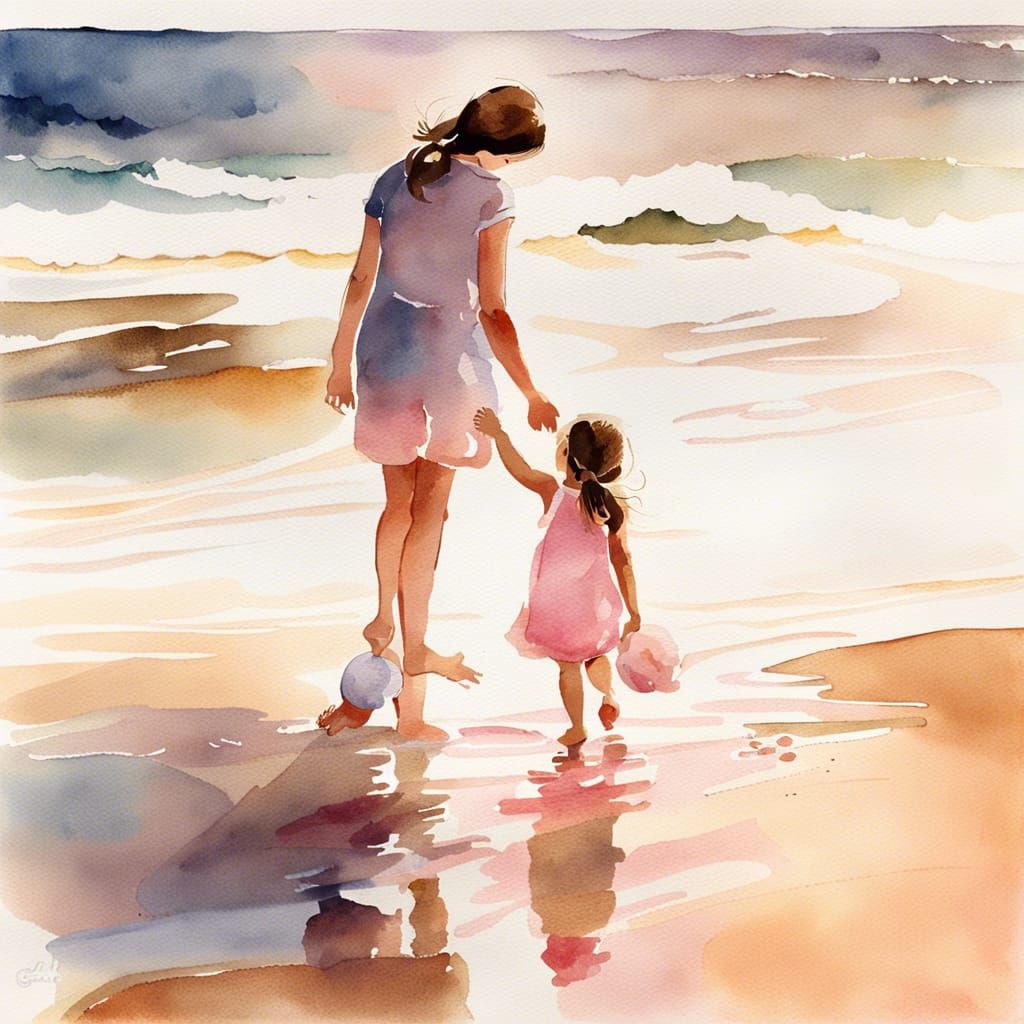 Girl Picking Seashell: Expressive Watercolor Painting