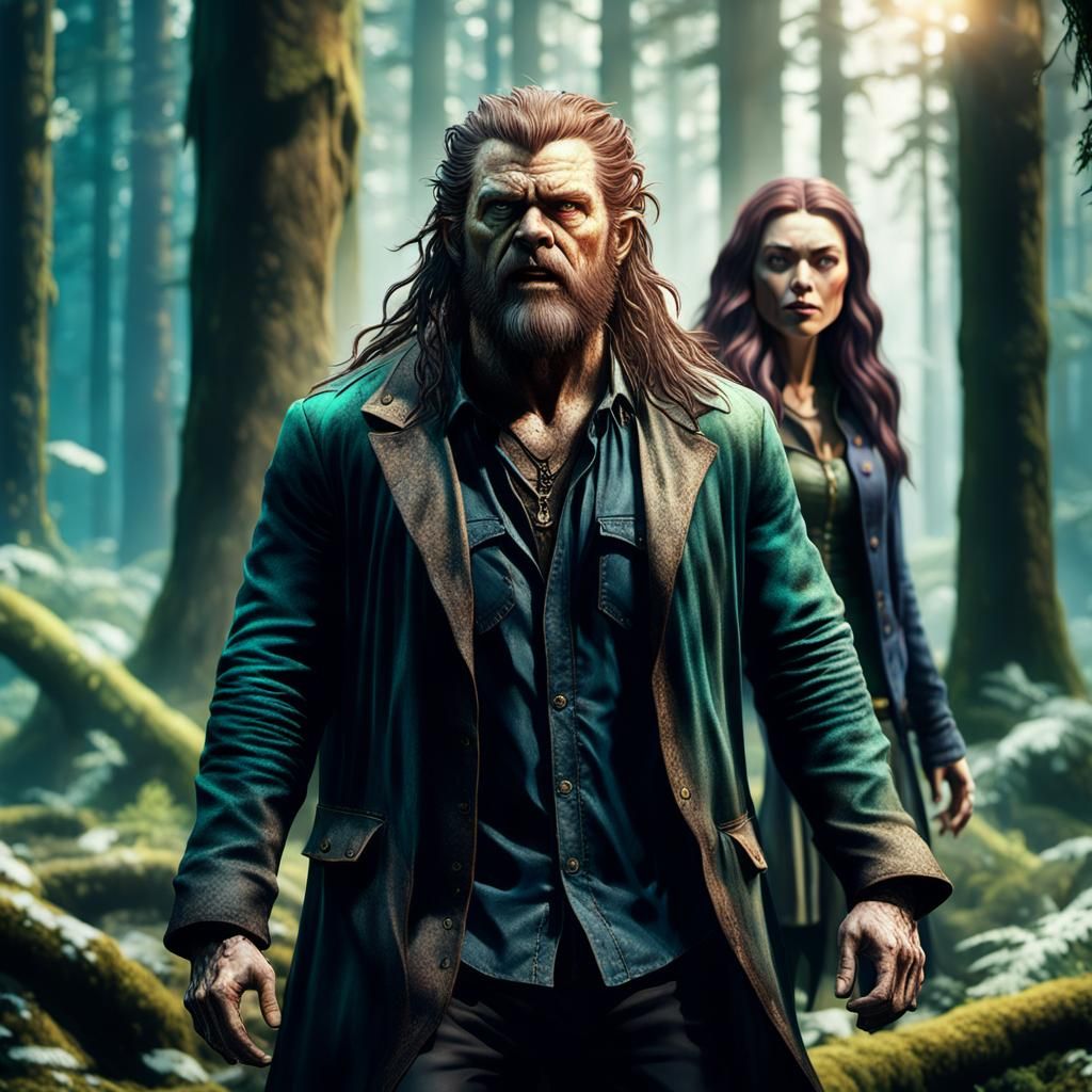Werewolf and Woman in Mystical Forest, Digital Art