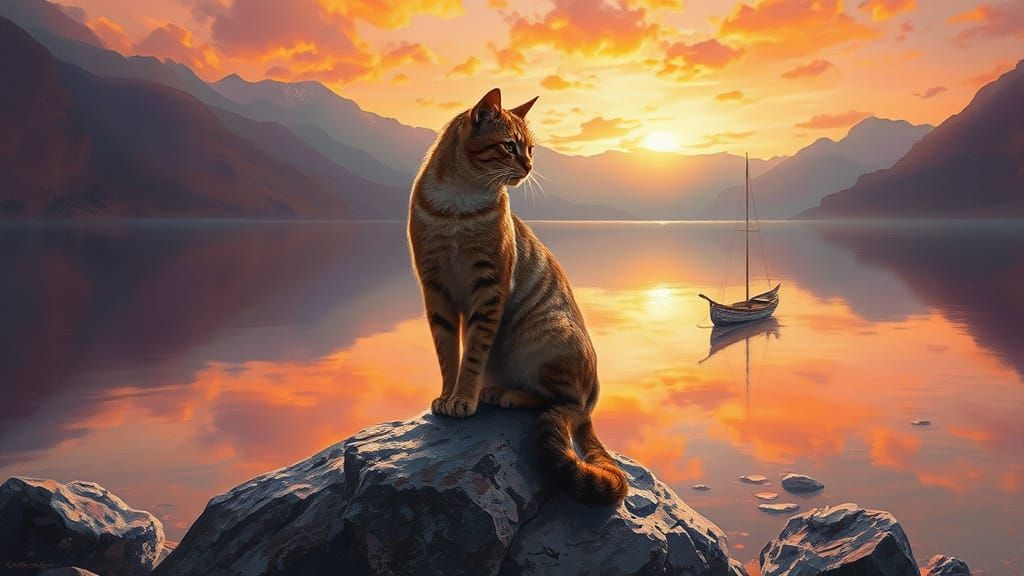Cat on Rock: Detailed Oil Painting by Lake
