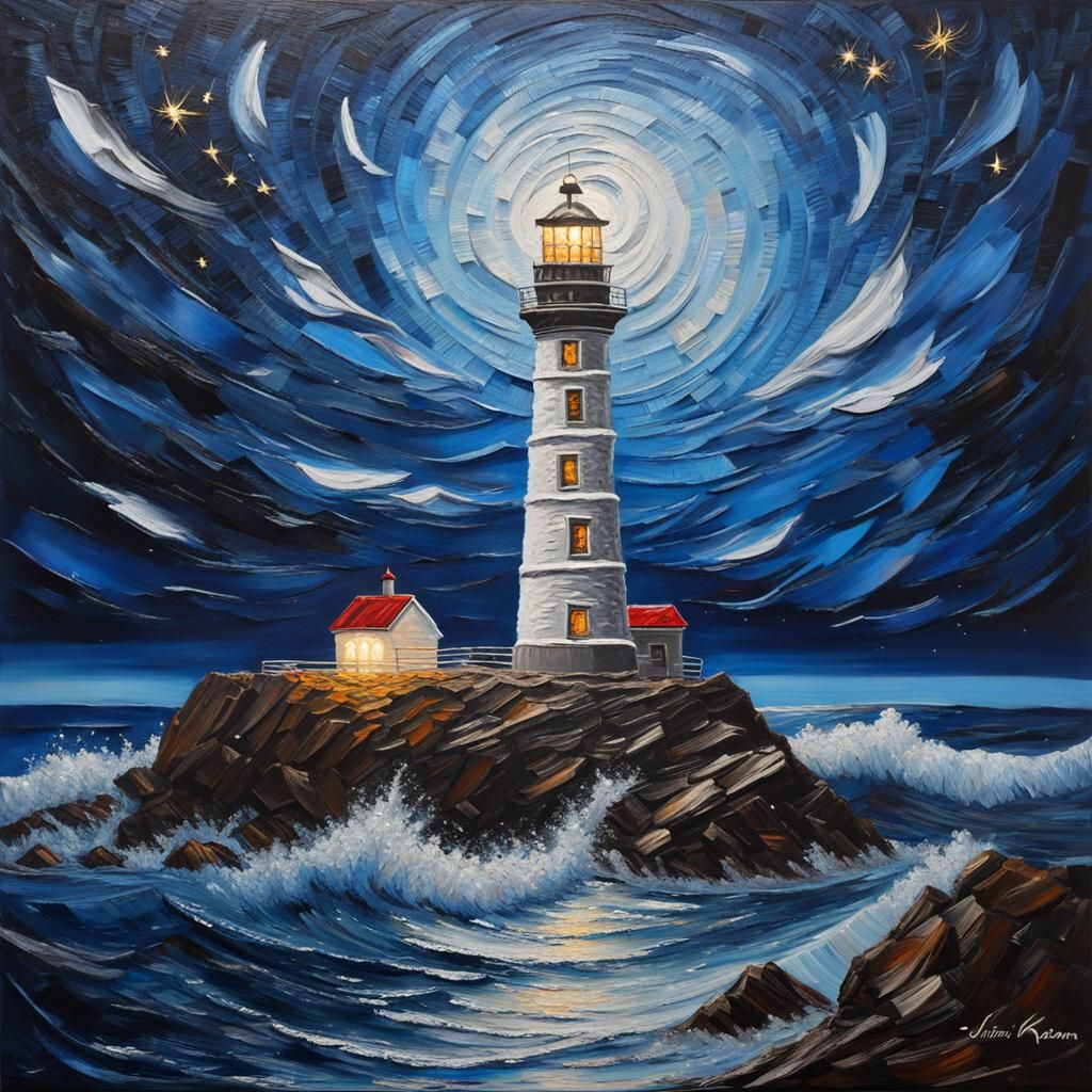 Starry Lighthouse: Impasto Painting with Silver Vortices