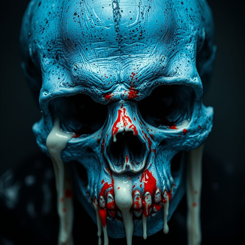 Hyperrealistic Melted Blue Skull with Dripping Eyes
