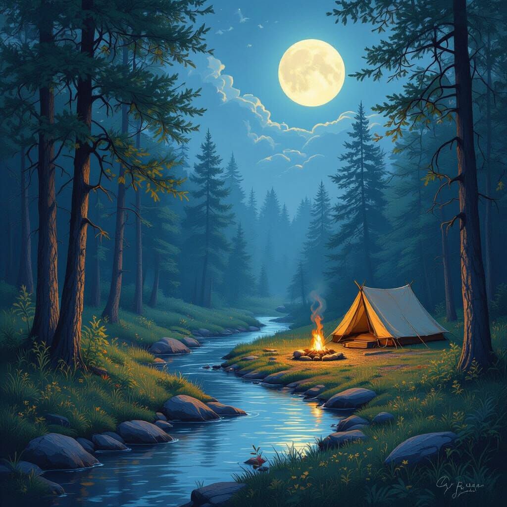 Enchanted Forest Campground Under Moonlight