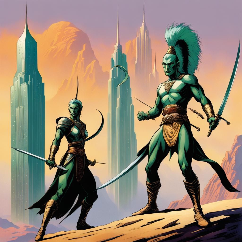 Green Martian Women Duel on Mars in Art Deco Style