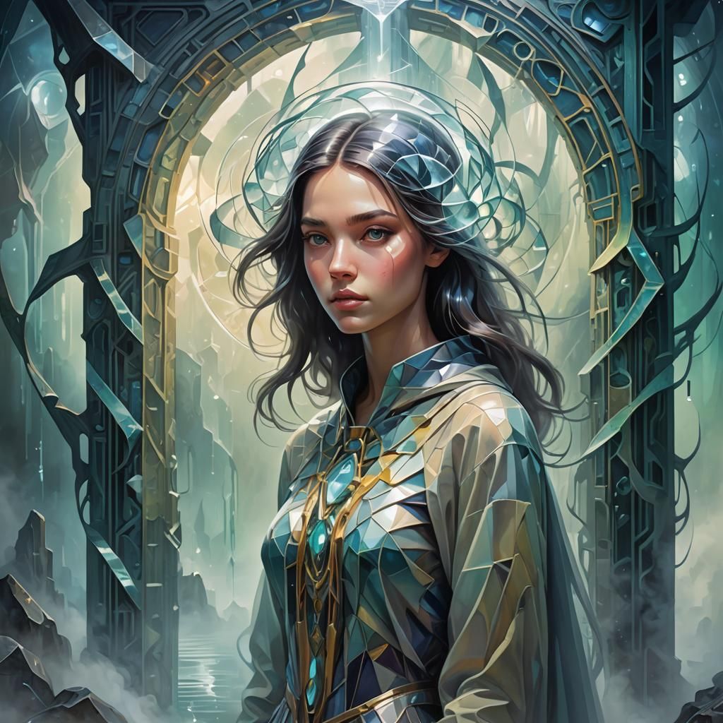 Teen's Crystalline Portal: Cubist Ethereal Metamorphosis