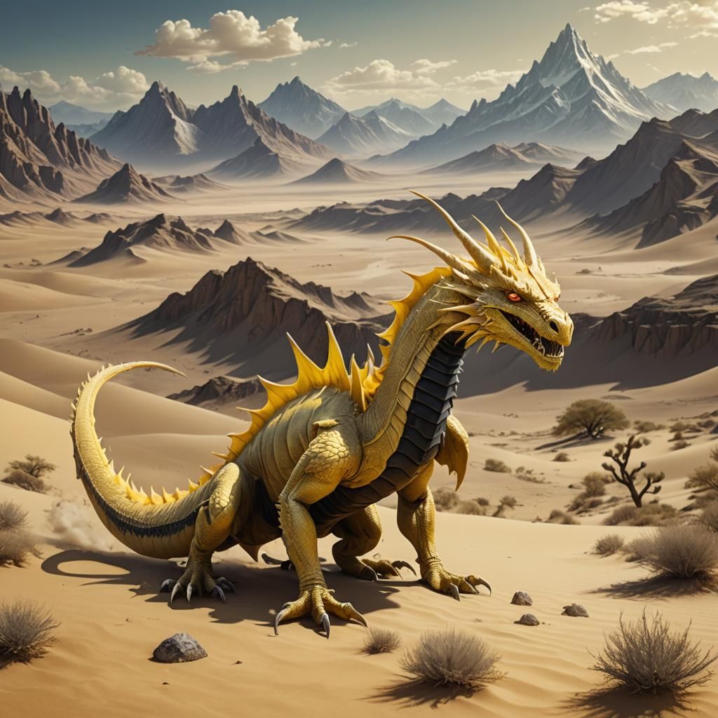 Yellow Dragon in Desert Landscape, Digital Art