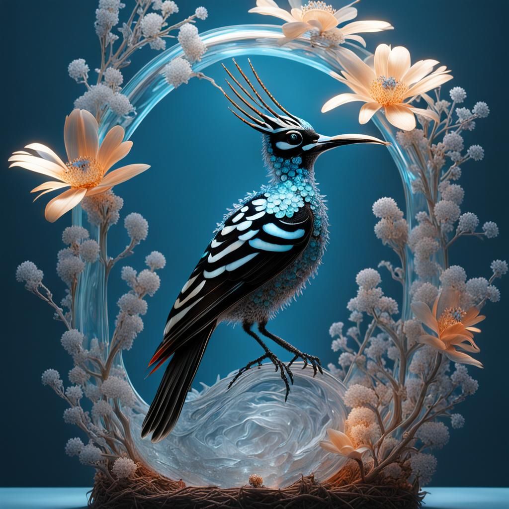 Crystal Hoopoe Sculpture with Bioluminescent Flowers