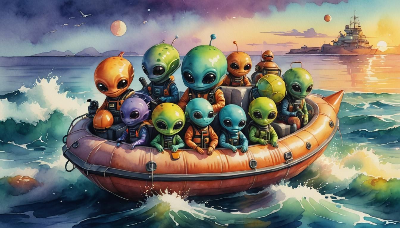 Aliens in Lifeboat at Sunset: Watercolor Illustration