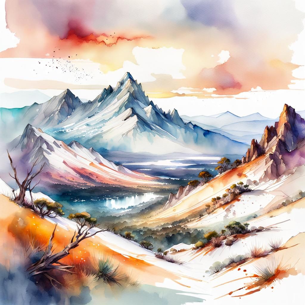 Australian Snowy Mountain Range in Watercolor Style