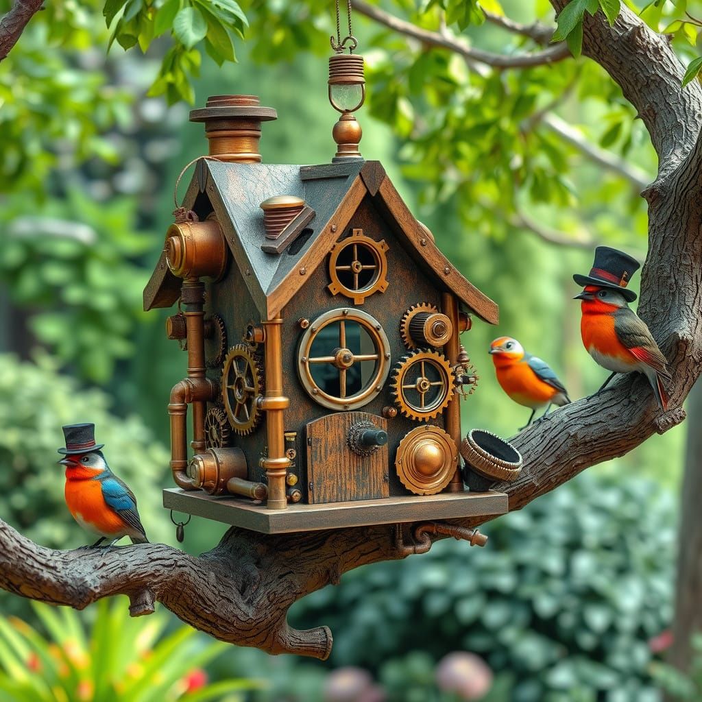 Steampunk Birdhouse with Intricate Gears and Copper Pipes