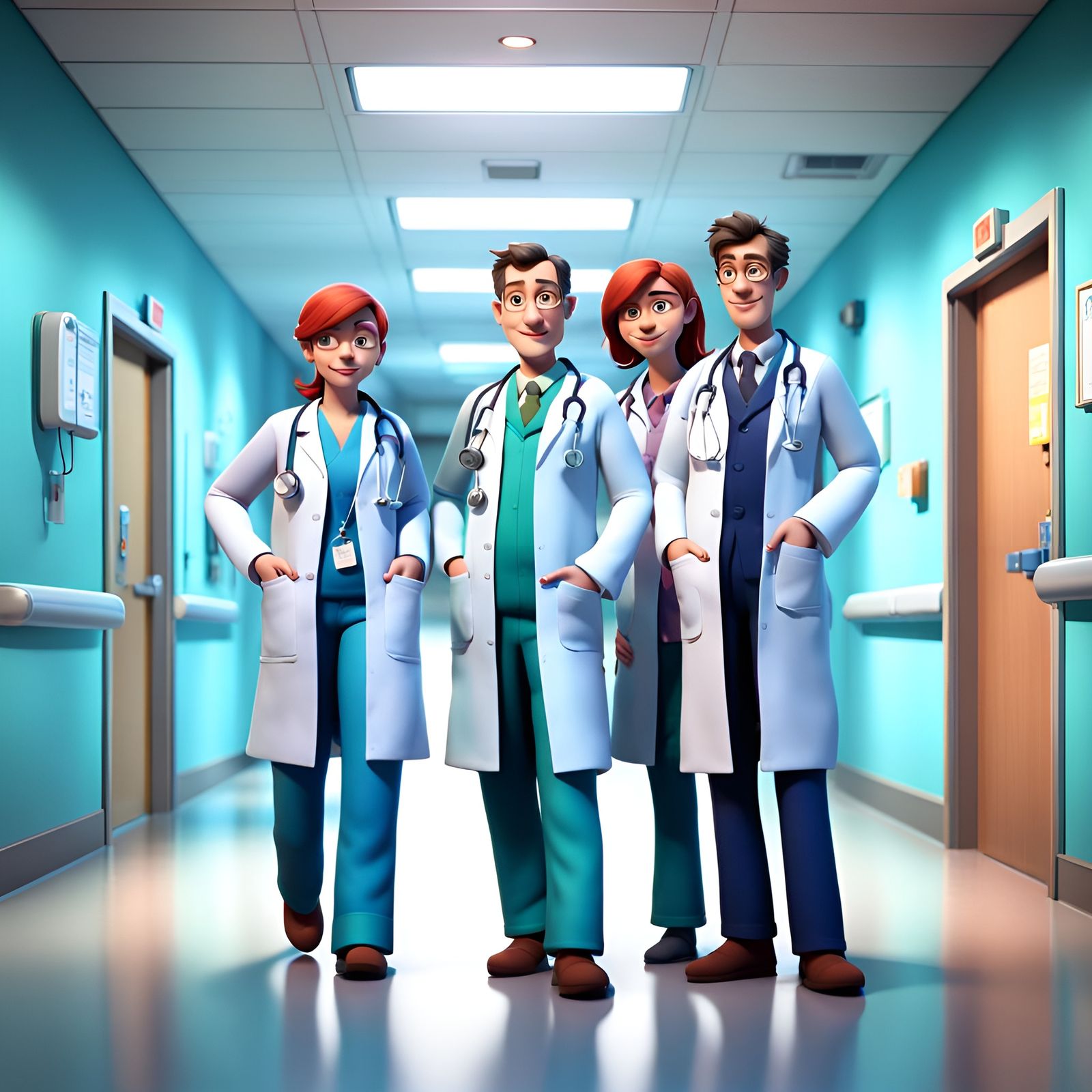 Doctors Posing in Hospital Corridor as 3D Digital Art