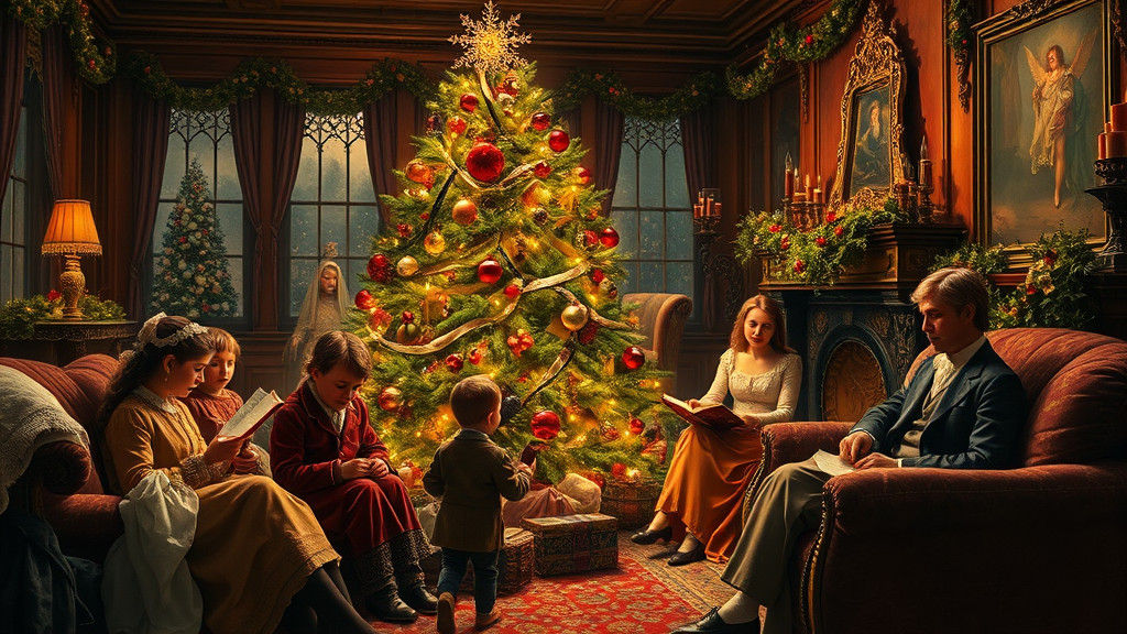 Victorian Christmas Scene in Pre-Raphaelite Style
