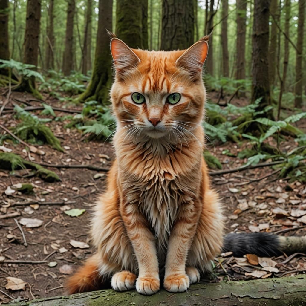 Orange Cat with Green Eyes in Forest