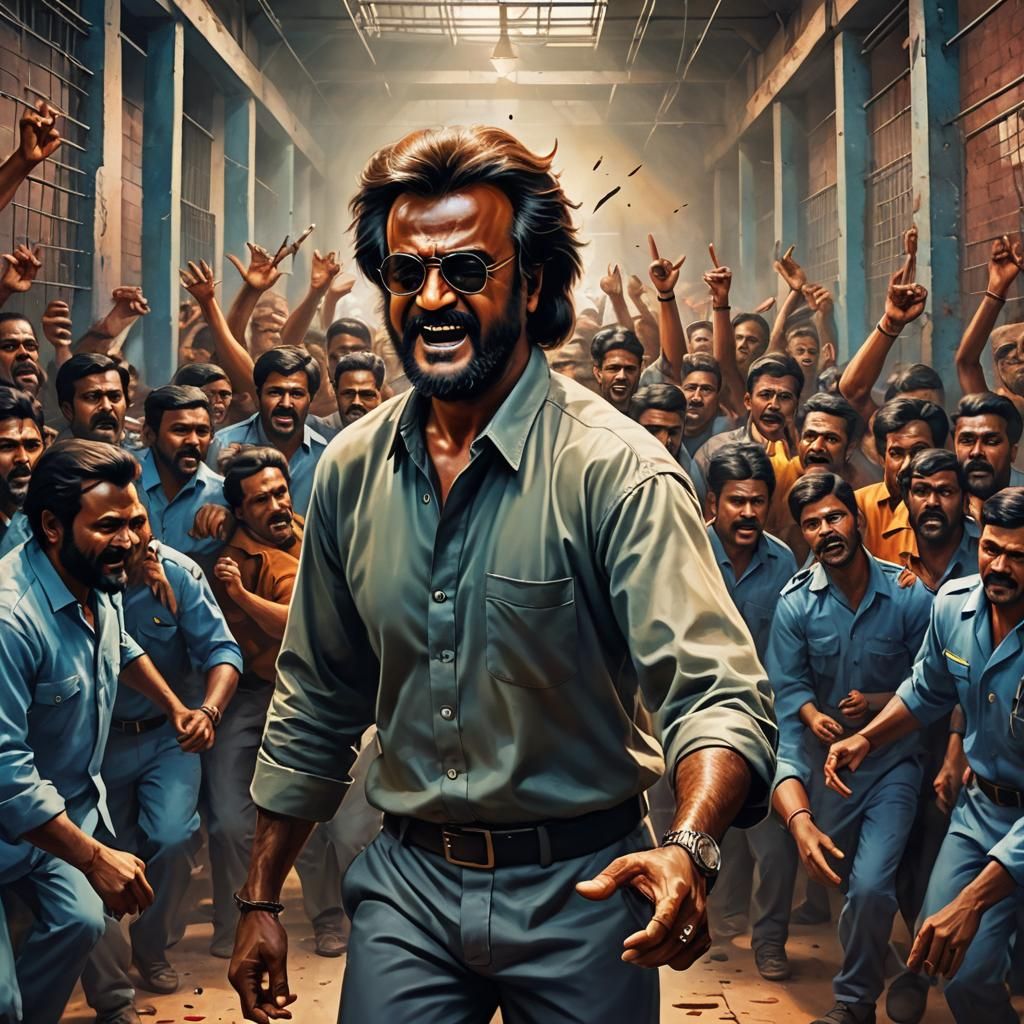 Rajinikanth Confronts Prisoners: Hyperrealistic Splash Art