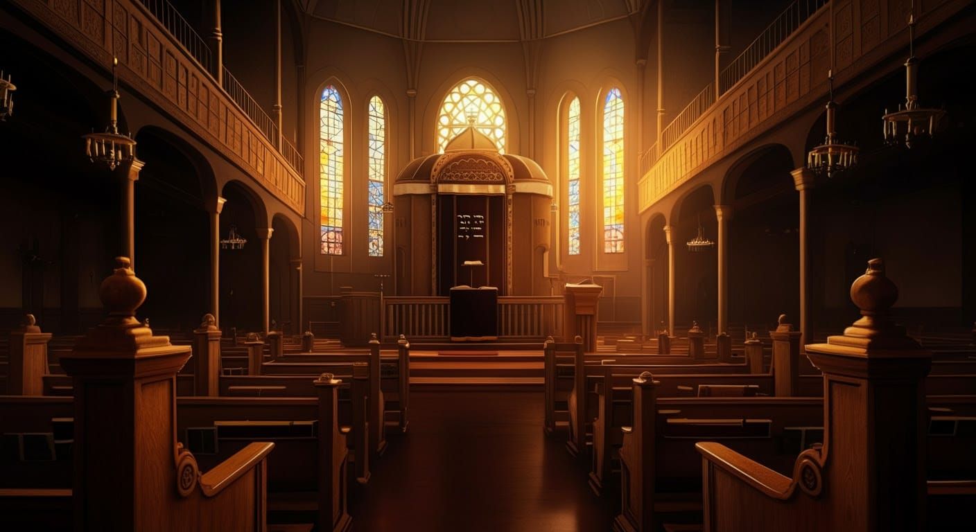Traditional Orthodox Synagogue Interior in Warm Golden Light