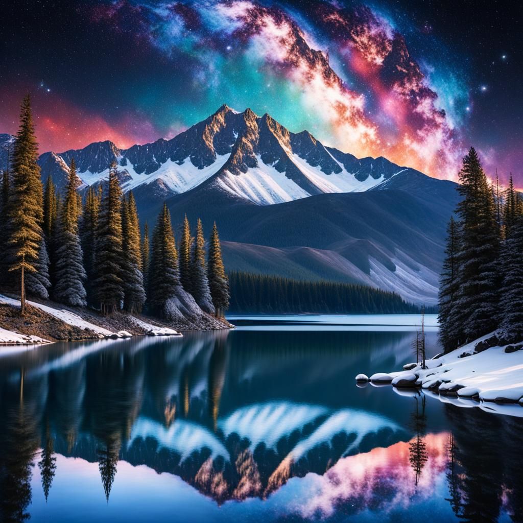 Cosmic Night Reflection on Mountain Lake