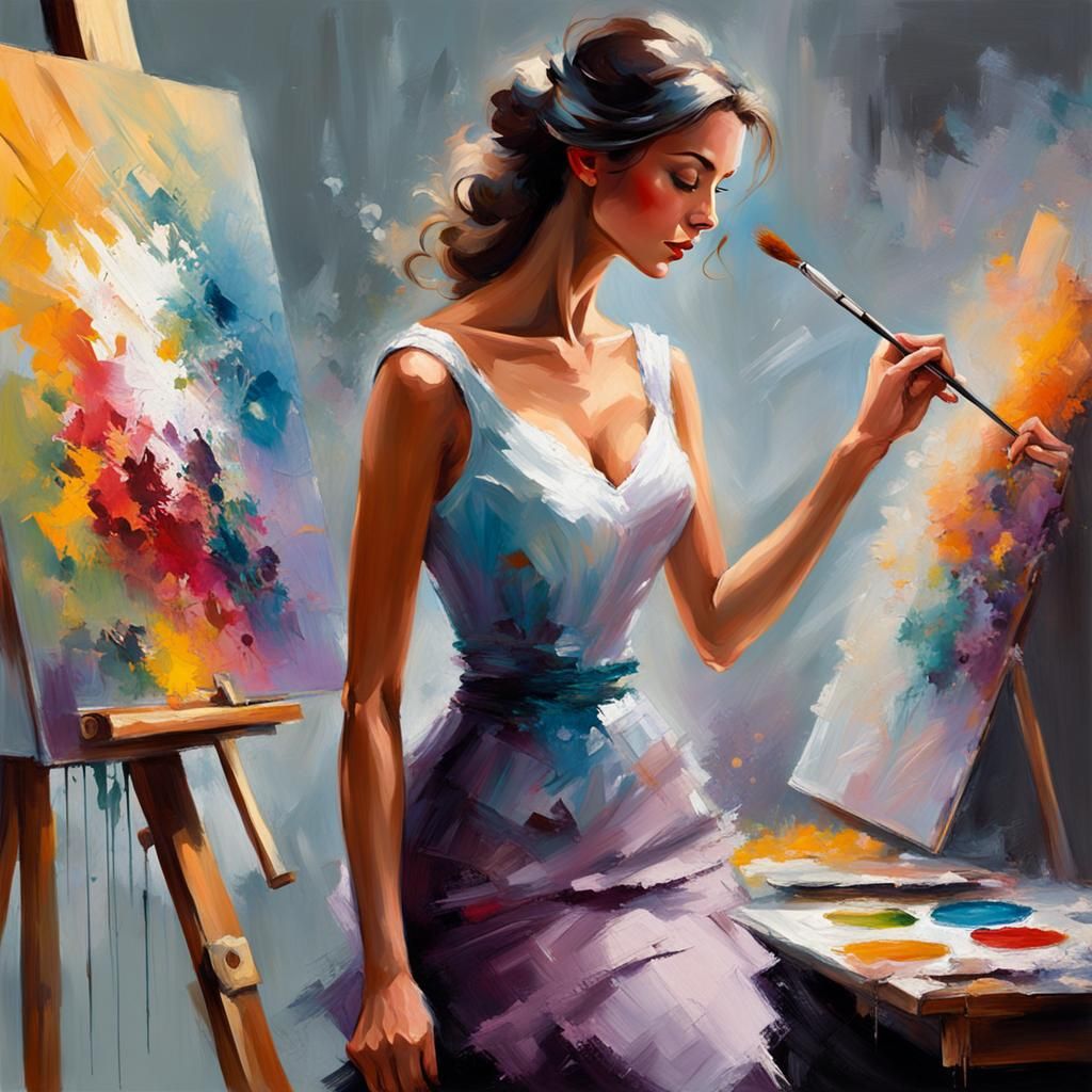 Elegant Woman and Cat: Palette Knife Oil Painting