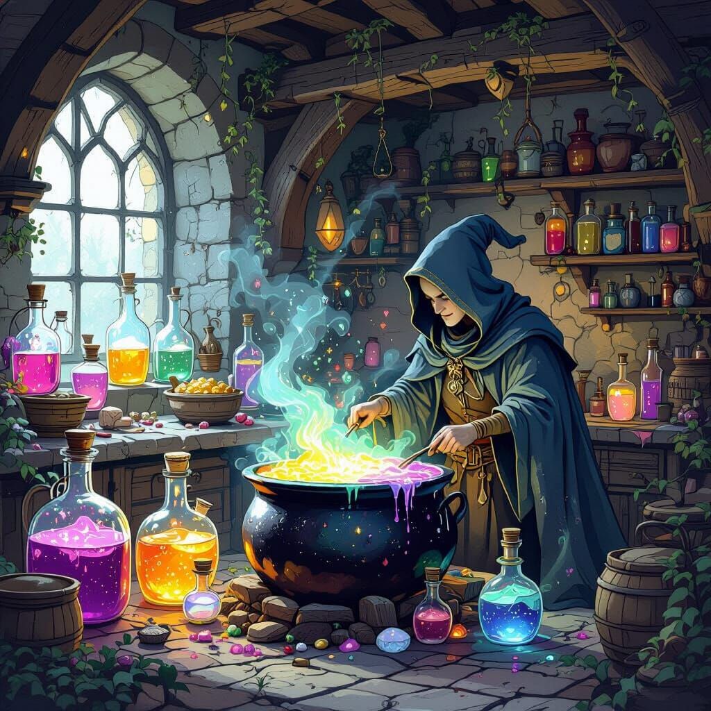 Whimsical Medieval Kitchen with Enchanted Stew