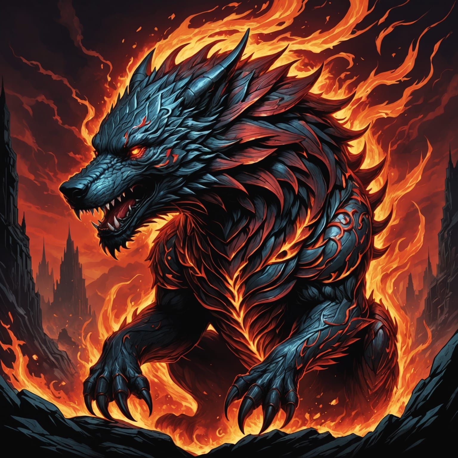 Fiery Wolf Dragon in Comic Book Style