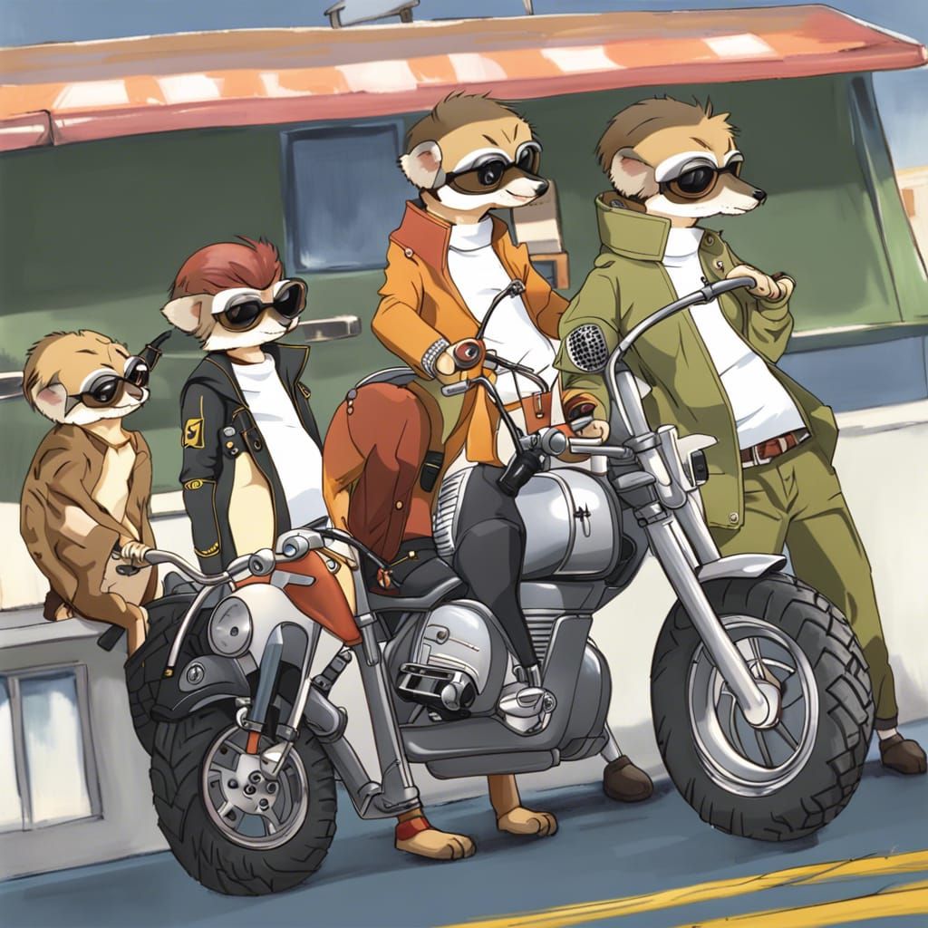 Meerkats Motorcycle Gang in Anime Style
