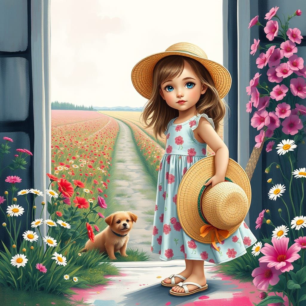Girl in Summer Dress by Flower Field: Graffiti Art