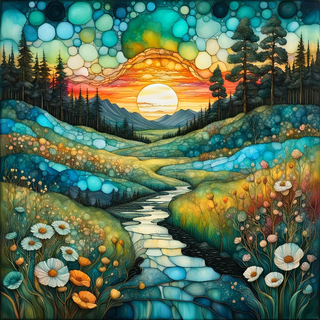 Vibrant Sunset Meadow in Encaustic Art Nouveau Style