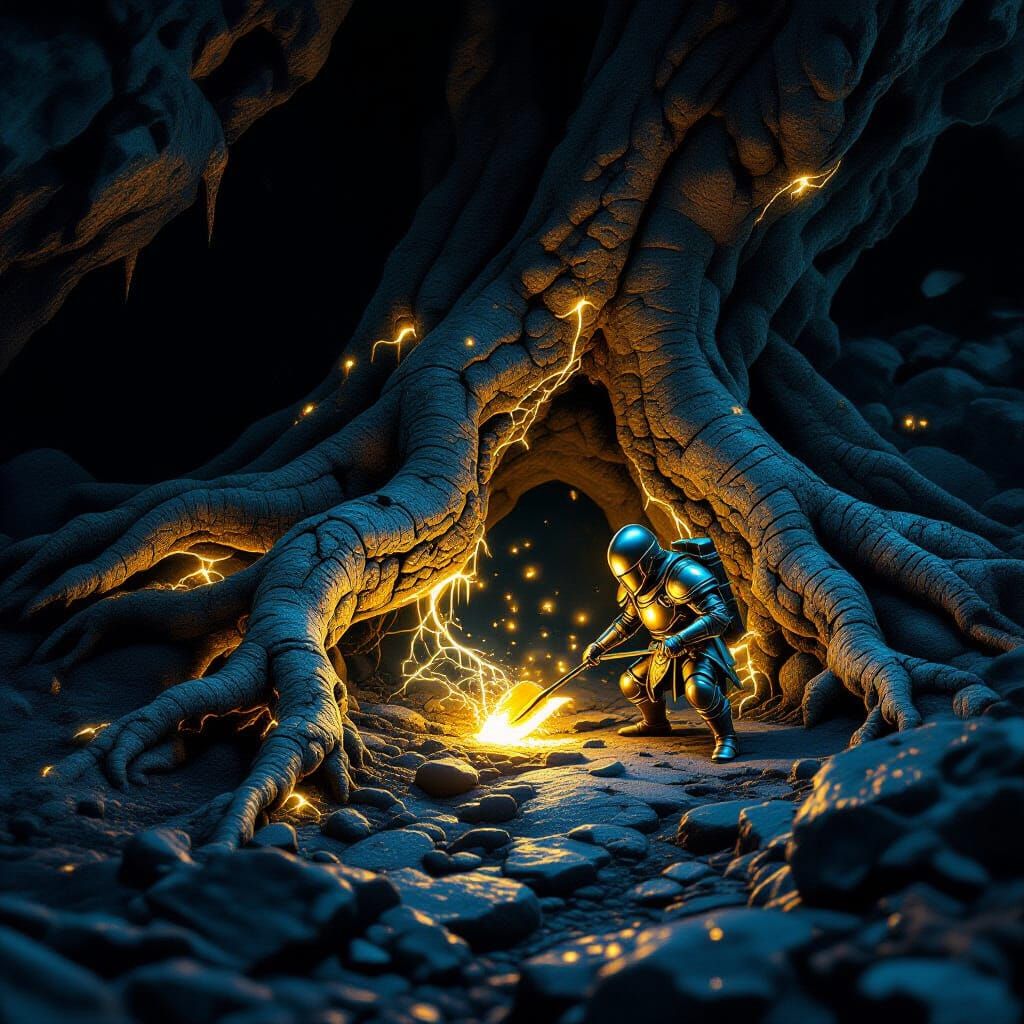 Bioluminescent Root Network in Gnarled Cavern