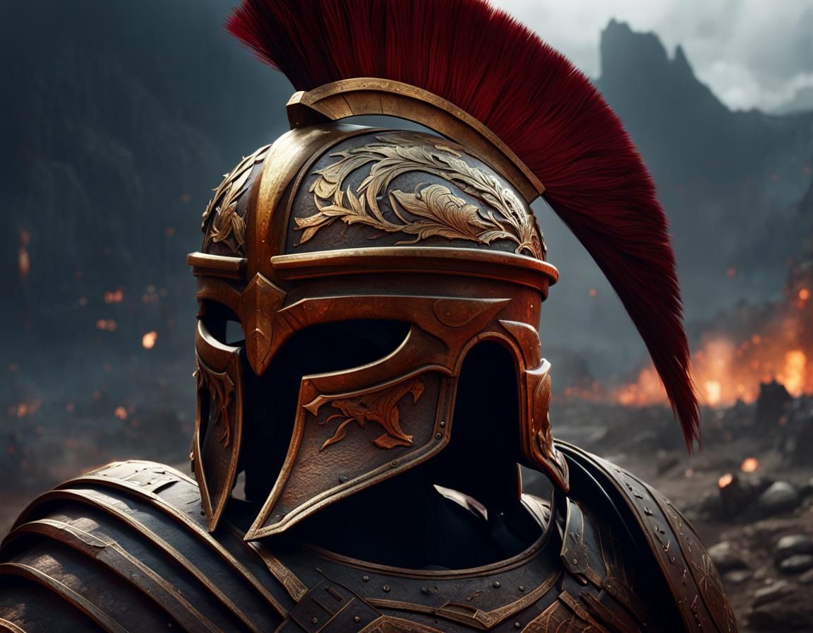 Spartan Helmet on Battlefield: Detailed Matte Painting