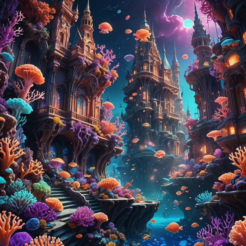 Bioluminescent Cityscape in Surreal Underwater Concept Art