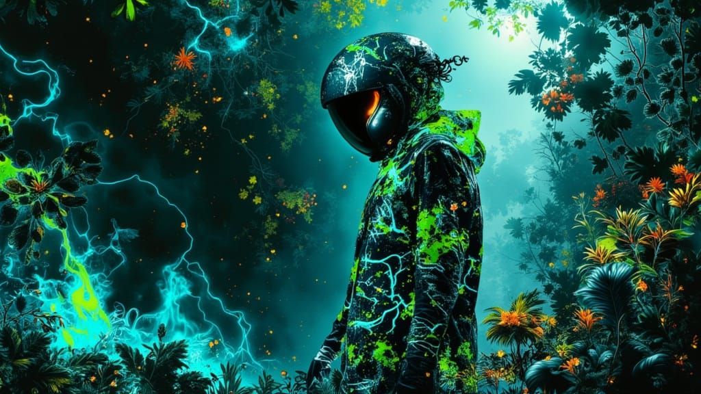 Soldier in Neon Camouflage in Alien Jungle