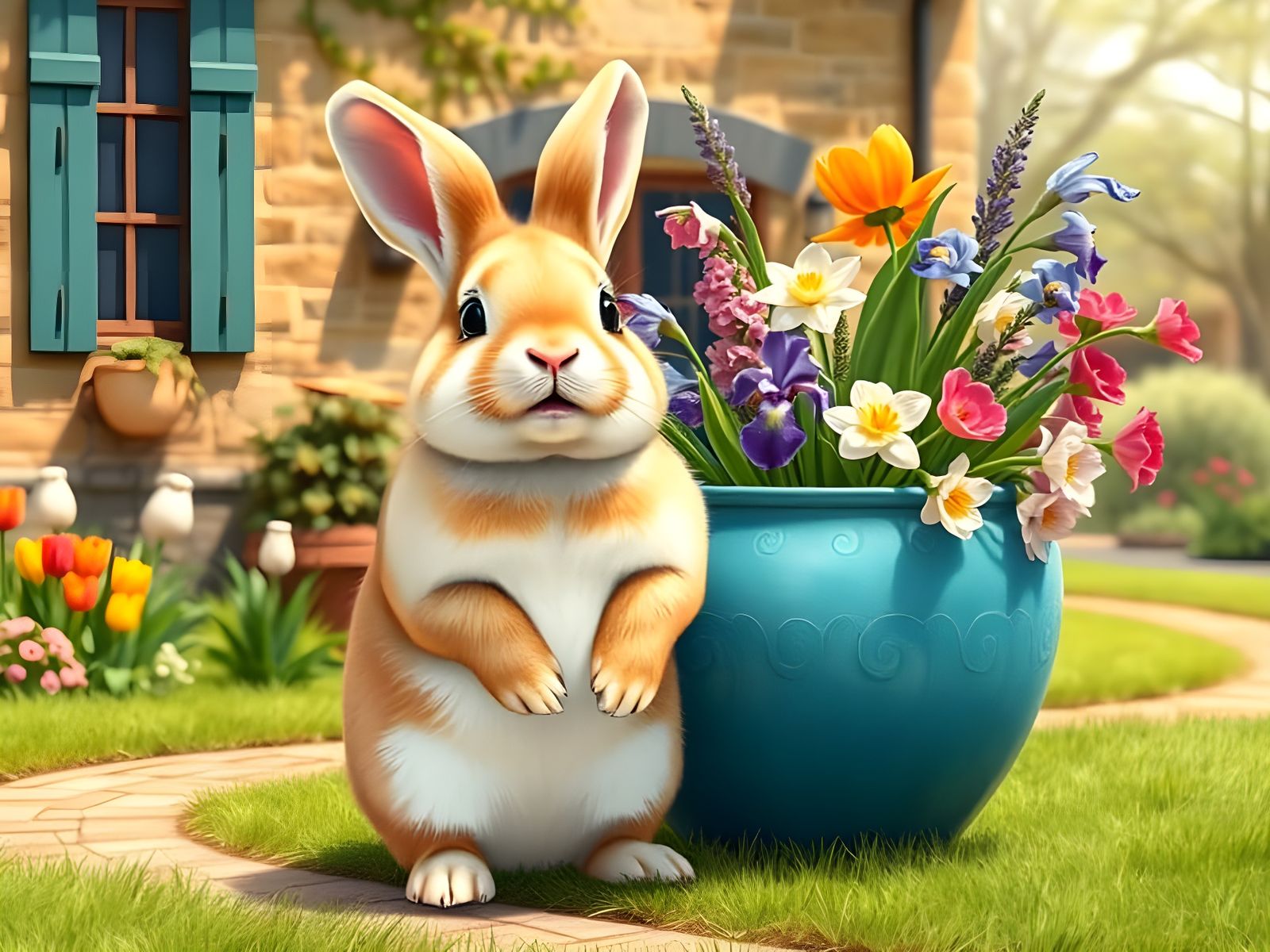 Whimsical Springtime Scene with Golden Rabbit in Flower Pot