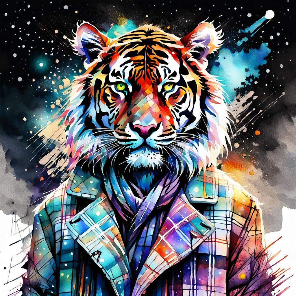 Plaid Coat Tiger in Digital Watercolor