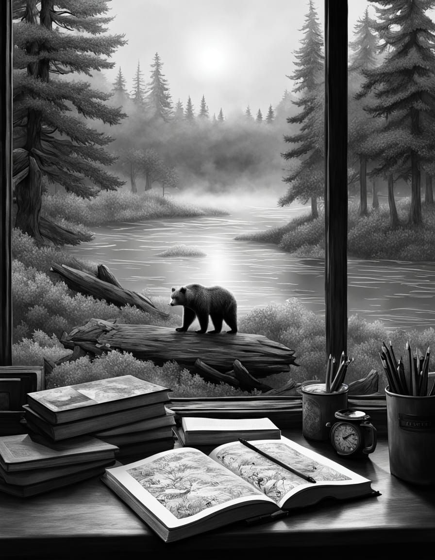 Bear and Cubs in Foggy Forest Microcosm