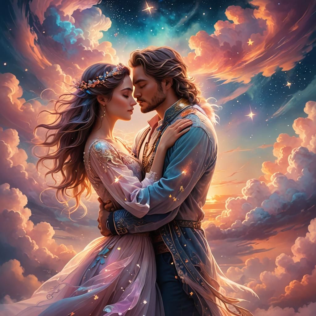 Dreamlike Couple Embrace at Dawn in Fantasy Scene